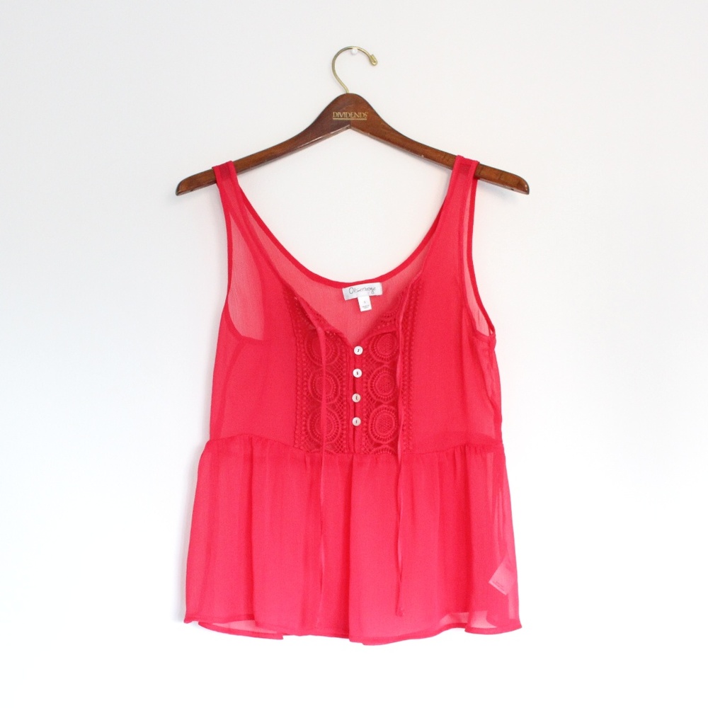 3/$15 Olsenboye Red Crochet Detail Sheer Tank Top Tie Front Size Small